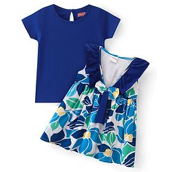 Babyhug Rayon Woven Frock with Half Sleeves Inner Tee Floral Print & Bow Applique - White & Navy