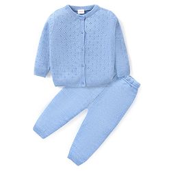Babyhug Knitted Full Sleeves Solid Color Sweater Set - Blue