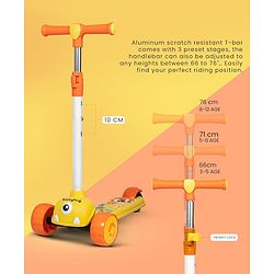 Babyhug Kids Kick On Scooter with LED Wheels  Wide Standing Deck and  3 Level Adjustable Handlebar - Yellow
