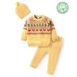 Babyhug Organic Cotton Knit Raglan Sleeves Sweater Set with Cap Fox Design - Yellow