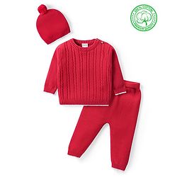 Babyhug Organic Cotton Knit Full Sleeves Sweater Set & Cap with Cable Knit Design - Red