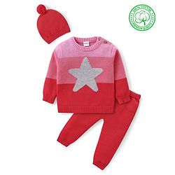 Babyhug Organic Cotton Knit Full Sleeves Sweater Set & Cap with Colour Block & Star Design - Multicolour