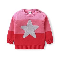 Babyhug Organic Cotton Knit Full Sleeves Sweater Set & Cap with Colour Block & Star Design - Multicolour