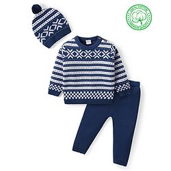 Babyhug Organic Cotton Knit Full Sleeves Sweater Set & Cap with Stripe Design - Navy Blue
