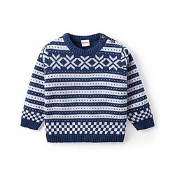 Babyhug Organic Cotton Knit Full Sleeves Sweater Set & Cap with Stripe Design - Navy Blue