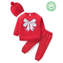 Babyhug Organic Cotton Knit Full Sleeves Sweater Set & Cap with Bow Design - Red