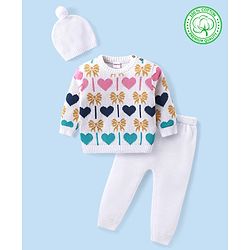 Babyhug Organic Cotton Knit Full Sleeves Sweater Set & Cap with Heart Design - Off White