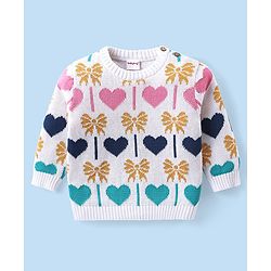 Babyhug Organic Cotton Knit Full Sleeves Sweater Set & Cap with Heart Design - Off White
