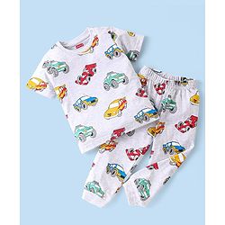 Babyhug Single Jersey Half Sleeves Night Suit Cars Print - White