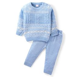 Babyhug Knitted Full Sleeves Sweater Set with Argyle Design - Light Blue