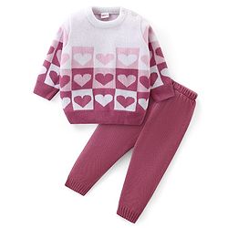 Babyhug Knit Full Sleeves Sweater Set with Heart Design - Pink