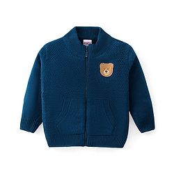 Babyhug Knitted Full Sleeves Front Open Sweater with Bear Patch - Navy Blue