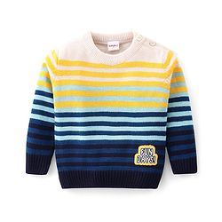 Babyhug Knitted Full Sleeves Pullover Striped  Sweater with Placement Text Patch - Multicolour