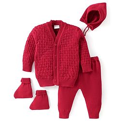 Babyhug Knitted Full Sleeves Baby Sweater Set with Cap & Booties Cable Knit Design - Red
