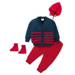 Babyhug Knit Full Sleeves Front Open Cable Knit Design Sweater Set with Cap & Booties - Red & Navy Blue