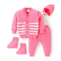 Babyhug Knit Full Sleeves Front Open Sweater & Pant Set with Cap and Booties Shell Design - Pink & White