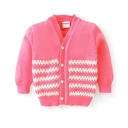 Babyhug Knit Full Sleeves Front Open Sweater & Pant Set with Cap and Booties Shell Design - Pink & White