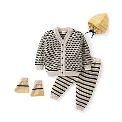 Babyhug Knitted Full Sleeves Front Open Sweater Set with Striped Design Cap & Booties - Beige
