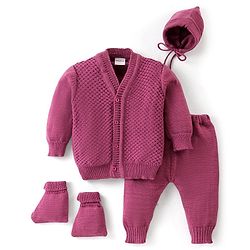 Babyhug Knit Full Sleeves Front Open Solid Color Sweater & Pant Set with Cap and Booties -Purple