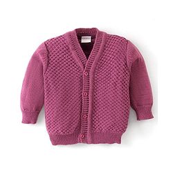 Babyhug Knit Full Sleeves Front Open Solid Color Sweater & Pant Set with Cap and Booties -Purple