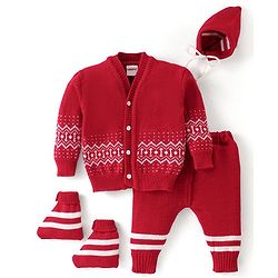 Babyhug Knit Full Sleeves Front Open Sweater & Pant Set with Cap and Booties Chevron Design - Red