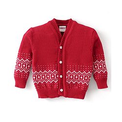 Babyhug Knit Full Sleeves Front Open Sweater & Pant Set with Cap and Booties Chevron Design - Red