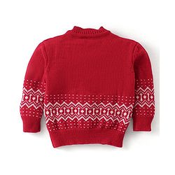 Babyhug Knit Full Sleeves Front Open Sweater & Pant Set with Cap and Booties Chevron Design - Red
