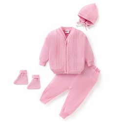 Babyhug Knitted Full Sleeves Front Open Sweater Set with Cap & Pair of Booties - Pink