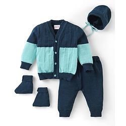 Babyhug Knitted Full Sleeves Front Open Sweater & Pant Set with Cap &  Booties Solid Colour  - Navy Blue