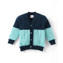 Babyhug Knitted Full Sleeves Front Open Sweater & Pant Set with Cap &  Booties Solid Colour  - Navy Blue