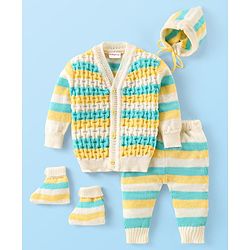 Babyhug Knitted Full Sleeves Baby Sweater Set with Cap & Booties Cable Knit Design - Multicolor