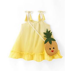 Babyhug Rayon Woven Singlet Sleeves Frock With Ombre Detailing & Pineapple Sling Bag  - Lemon Yellow