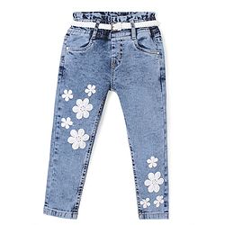 Babyhug  Full Length With Stretch Denim Washed Jeans  with Floral Applique - Blue