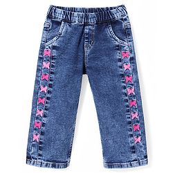 Babyhug Denim Full Length Butterfly Embroidered Stretchable Jeans - Blue