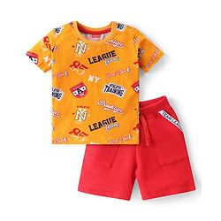 Babyhug Single Jersey Knit Half Sleeves T-Shirt & Shorts With Text Print - Yellow & Red