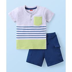 Babyhug Single Jersey Knit Half Sleeves Striped T-Shirt & Shorts Set with Pocket Detailing - Multicolour