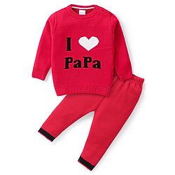 Babyhug Knitted Full Sleeves Sweater Set Text Design - Red