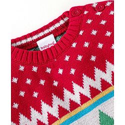 Babyhug Knitted Full Sleeves Baby Sweater Set with Tree Design - Red