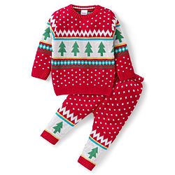 Babyhug Knitted Full Sleeves Baby Sweater Set with Tree Design - Red