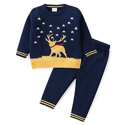 Babyhug Knitted Full Sleeves Baby Sweater Set with Deer Design - Navy Blue