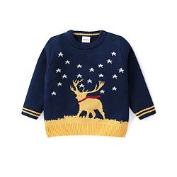 Babyhug Knitted Full Sleeves Baby Sweater Set with Deer Design - Navy Blue