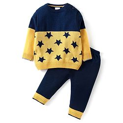 Babyhug Knitted Full Sleeves Pullover Sweater & Pant Set with Star Design - Navy Blue & Yellow