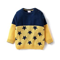 Babyhug Knitted Full Sleeves Pullover Sweater & Pant Set with Star Design - Navy Blue & Yellow