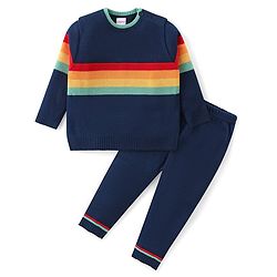 Babyhug Knitted Full Sleeves Striped Baby Sweater Set - Navy Blue