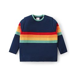 Babyhug Knitted Full Sleeves Striped Baby Sweater Set - Navy Blue