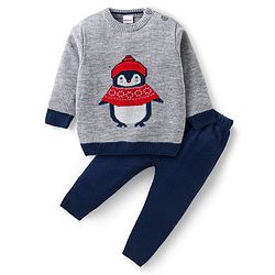 Babyhug Knit Full Sleeves Sweater & Pant Set Penguin Design - Navy Blue & Grey