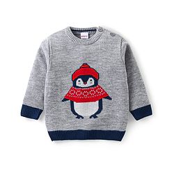 Babyhug Knit Full Sleeves Sweater & Pant Set Penguin Design - Navy Blue & Grey