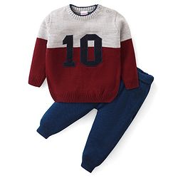 Babyhug Knit Full Sleeves Sweater Set with Colour Block Design & Number Embroidery - Grey & Red