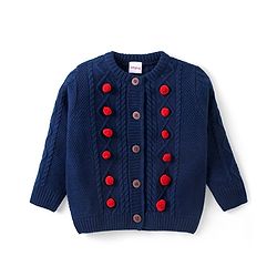 Babyhug Knitted Full Sleeves Front Open Sweater with Cable Knit Design & Pom Pom Detailing - Navy Blue