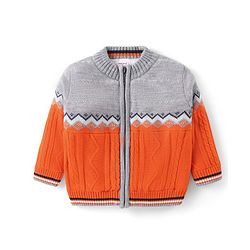 Babyhug Knitted Full Sleeves Front Open Sweater with Cable Knit Design- Grey & Orange